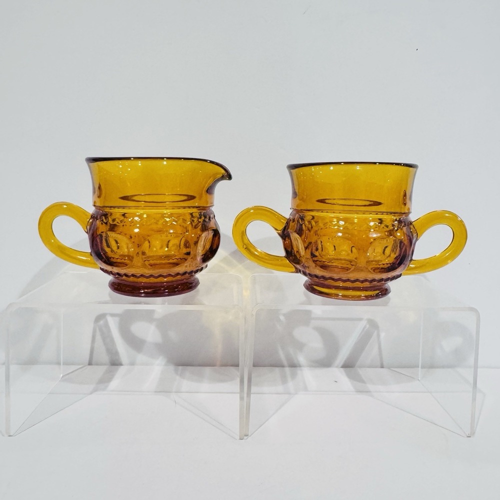 Vintage Indiana Glass Kings Crown Amber Creamer &‎ Sugar Set No Damage